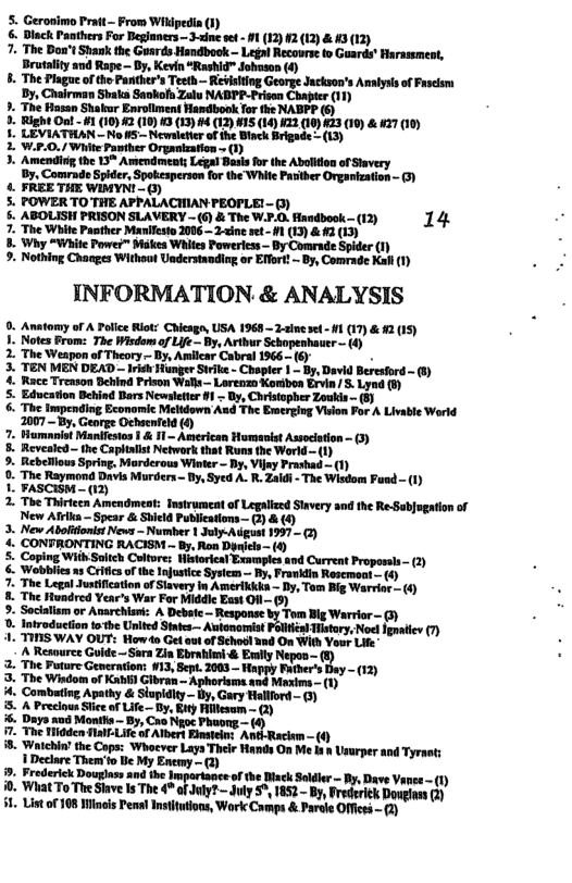 5. Geranimo Prt— From Wikipedia 1)  & Black Pasthers For Begjaners.- e se -1 (1) 12(12) & K3 (12)  7. The Bou’s Shank th G Hendbook - Legal Recowrse o Guarde” Harassment, Brutality snd Rape— By, Kevin “Rahid™ dohuson ()  . The Plague of tho Panthes’s Teeth - Reiisiting George Jackson’s Analysls of Faselsra By, Chairman Shaks Saokolh Zalu NABPP-Prison Chapter (11)  b B BT ST 0 e  2 ¥ Oat - #1 (10) 2 (1 (13).  4 mAmnimu-mli:”mmM’—m)  £ W.9.0./ Whine Paviber Orgameaton =  3. Amending the 13* Amendment; Legal Basis for the Abolition of Stavery By, Comrade Spider,Spokespersonfor the Whie Psiber Organiaton~ G)  o FREETHE WiMYN - ()  5. FOWERTOTHE APFALACHIAN PEOPLEL-0)  6. ABOLISH PRISON SLAVERY - (6) & The W.F.0. Handbook - (12) 14  7. The White Panther Manifesto 2006 - 2-zine set - #1 (13) & #2 (13)  B Why “White Power Wiakea Whites Powerless By Comrade Spider (1)  9. Nothing Changes Without Understanding or Effort! ~ By, Comrade Kall (1)  INFORMATION. & ANALYSIS  0. Anatomy o A Polce Riot: Chieagn, USA 1960~ 2-alnese -1 (17) & (1)  3. Yot o Te Windoma L b, Arbr Schopesbaer -4  2. The Weapon of Theory - By, Amlcar Cabral 1966-- .  3. TEN MEN DEAD ~ i Hinger Srie - Chopler 1 - By, David Beresford - 3)  4 Race Treason Behind Prison Walls— Lorenzo Keriben Grvin/ . Lynd ()  5. Educaton Behind Dars Newsetter 1 - By, Christopher Zoukis - )  €. The Inmpending Economic Melidown And The Emergiog Vision For A Livable World 2007~ By, George Ochsented (9  7. Humaniat Maniestos 1 & 11 American Humanist Asocition - 3)  . Revealcd the Capialst Network that Runs the World— (1)  9. Rebellous Spring, Mardcrous Winter - By, Vijy Prashad - (1)  0. The Raymond Davis Murders— By, Syed A. R, Zaidi - The Wisdom Fusd - (1)  1. FASCISM - (12)  2 The Thirteen Amcndmest: Instrumcat of Legallzed Savery and the Re-Sabjogation of New Afrka - Spear & Shield Publieations — () & (4  3. New Aboftonis News ~ Number | Juy-Aiigust 1997 - @) CONFRONTING RACISM - By, Ran Doviels ~ 4)  ‘Coping With Sulch Cultores Historical Examples and Current Proposals - (2)  & Wobblis as Crificsof the Injutice Sysican-- By, Prowklin Roscmont~ (9  . The Legal Jutification of Savery In Amerikkka ~ By, Tom Big Warrior-(6)  & The Hundred Year’s War For Middic Eqst Ofl - 3)  9. Sociallam or Auarehian: A Debate ~ Response by Tom Big Warrior - 3)  0. Introducion t he United Sttes-~ Autonomist PolliatTstory, Nod ignaic (7  - TINS WAY OUT: Howto Gt autof Schosl nnd On With Vour Lie”  A Resource Guide —Sara Zin Ebrabimi & Enlly Nepan. . The Puture Gencration: #13,Sep. 2003 Happy Pathers 3. The Windom of Kbt Glbran — Aphoriss avd Maxima- (1)  . Cambating Apathy & Slupidity - By, Gary Hallford - 3)  .  Prsciow Sieaf ey, by it - @) Doy mnd Montl— Phooug T T e T L o Al i A (0 8. Watchin’the Cops: Whocrer Laya Their Rands On Me s n Usurper and Tyraots 1 Declare Them’to Be My Enemy - @) . Frederick Douglass and ihe Importance of the Dack Sodier - By, Dave Vanse - (1) 0. What To The Slave Is The 4* afJoly?- July 5%, 1852 - By, Brederick Douglass 2) 1. Listof 108 Minei Pen! Instftuos, Work Comps & Parele Offce ~ )  az  